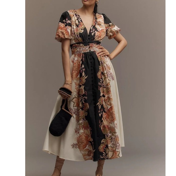 Anthropologie Dresses & Skirts - Anthropologie Katerina Button Front Floral Jacquard Dress Neutral Size M Boho